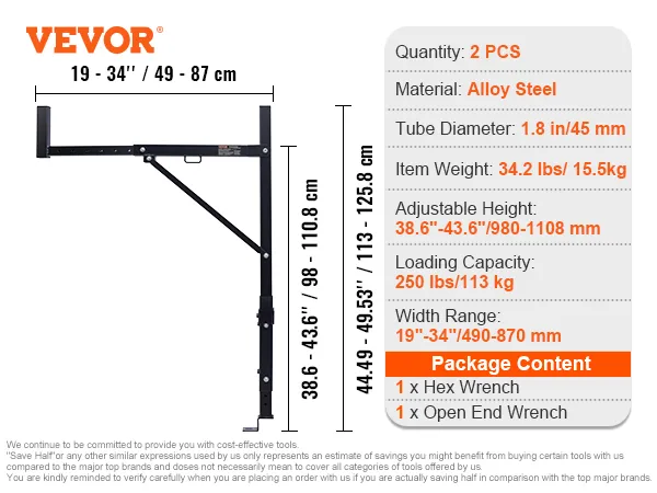 Especificaciones del portaequipajes para camión VEVOR: acero de aleación, capacidad de 250 libras, altura ajustable de 38,6" a 43,6", incluye llaves.