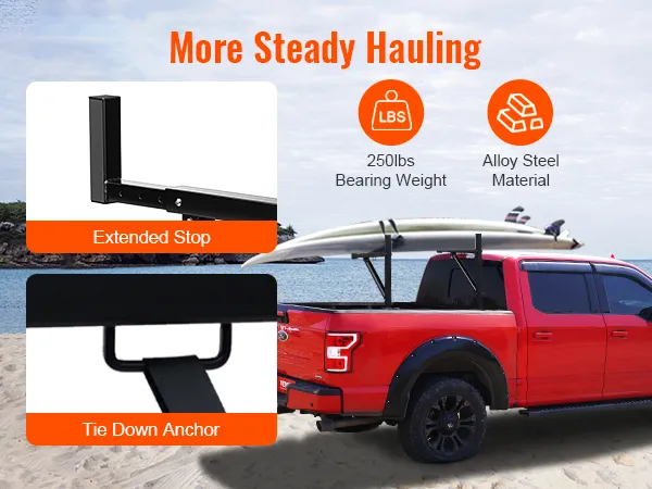 red truck with VEVOR truck rack carrying surfboards, features extended stop, tie down anchor, 800lbs capacity.