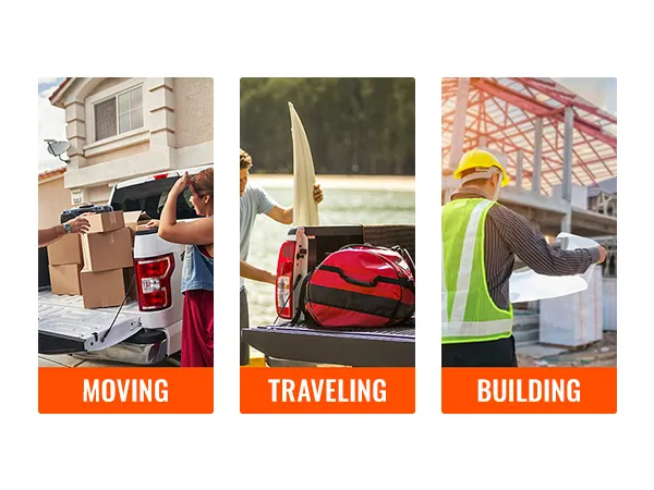 people utilizing a VEVOR truck rack for moving boxes, traveling, and building at a construction site.