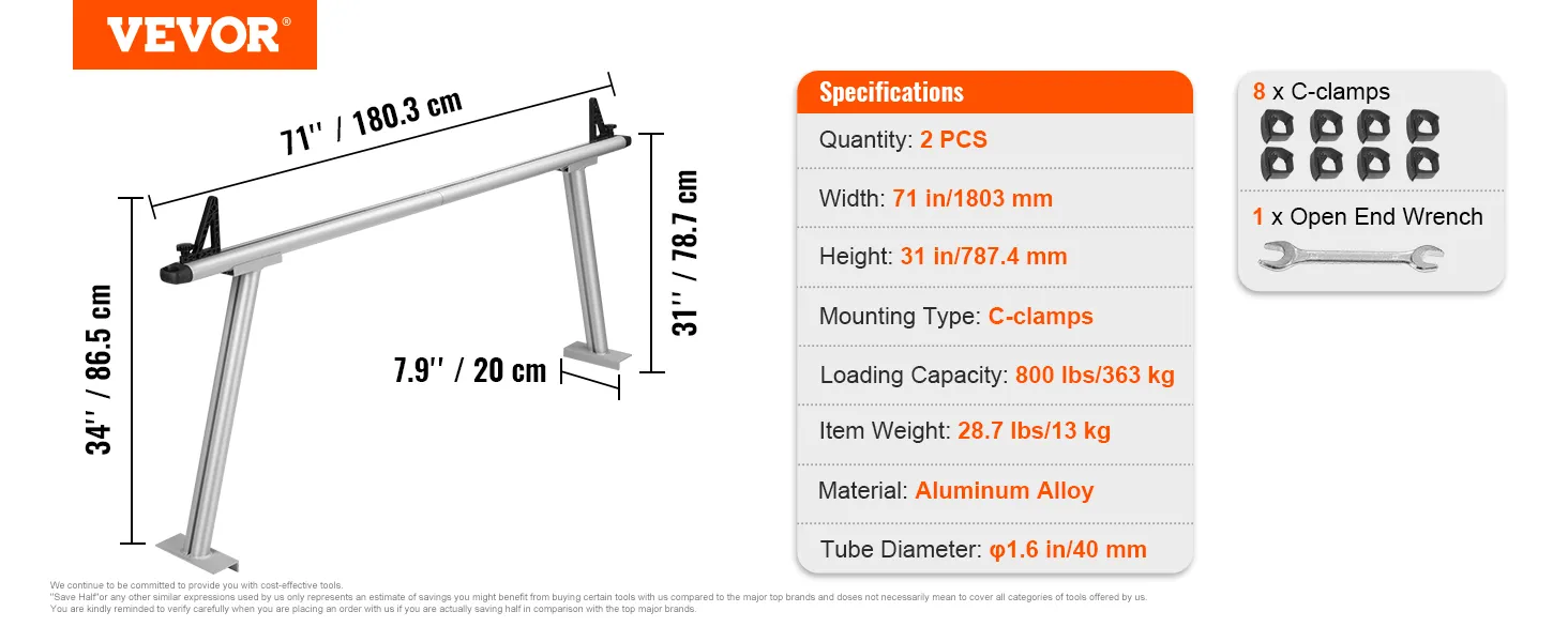 VEVOR truck rack with dimensions and specifications, including 71 in width and 800 lbs capacity.