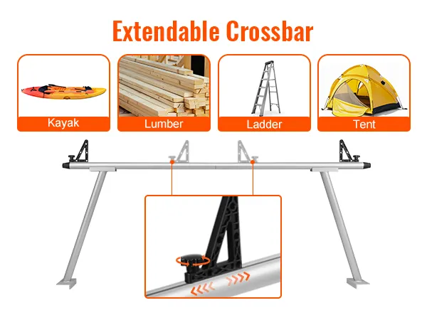 VEVOR truck rack extendable crossbar can carry kayak, lumber, ladder, and tent.