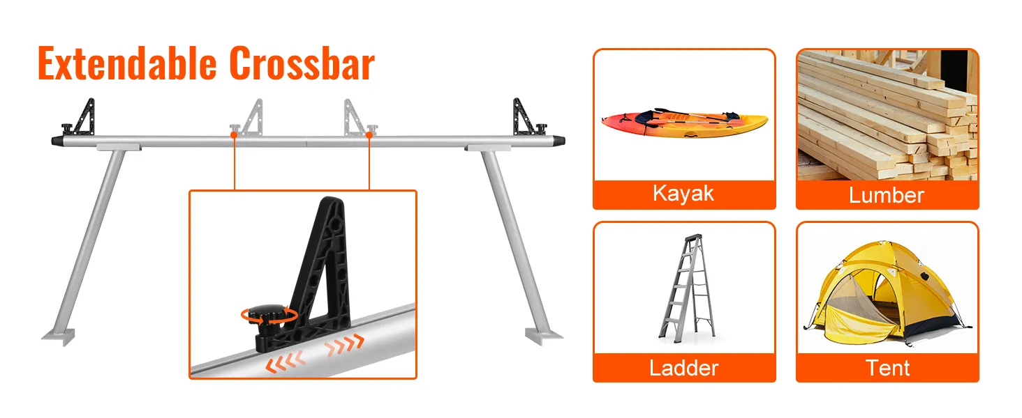 VEVOR truck rack extendable crossbar can carry kayak, lumber, ladder, and tent.