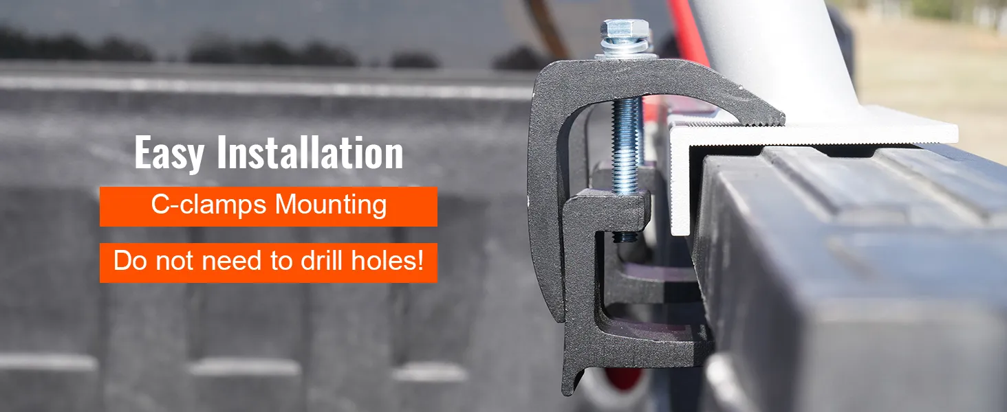 easy installation of VEVOR truck rack with c-clamps, no need to drill holes.