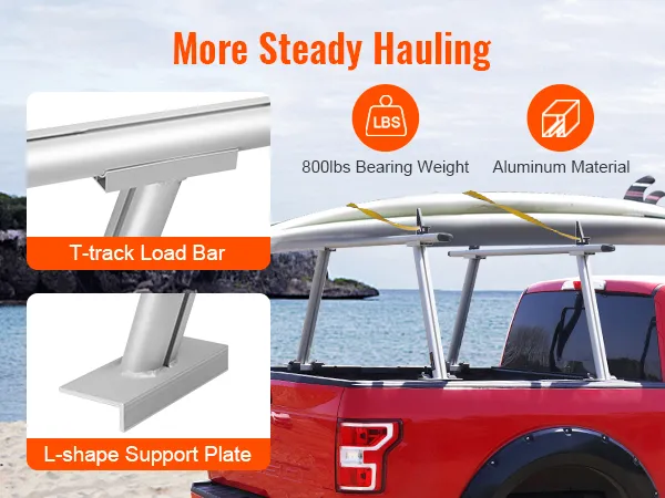 red truck with VEVOR truck rack hauling a kayak, showcasing t-track load bar and l-shape support plate.