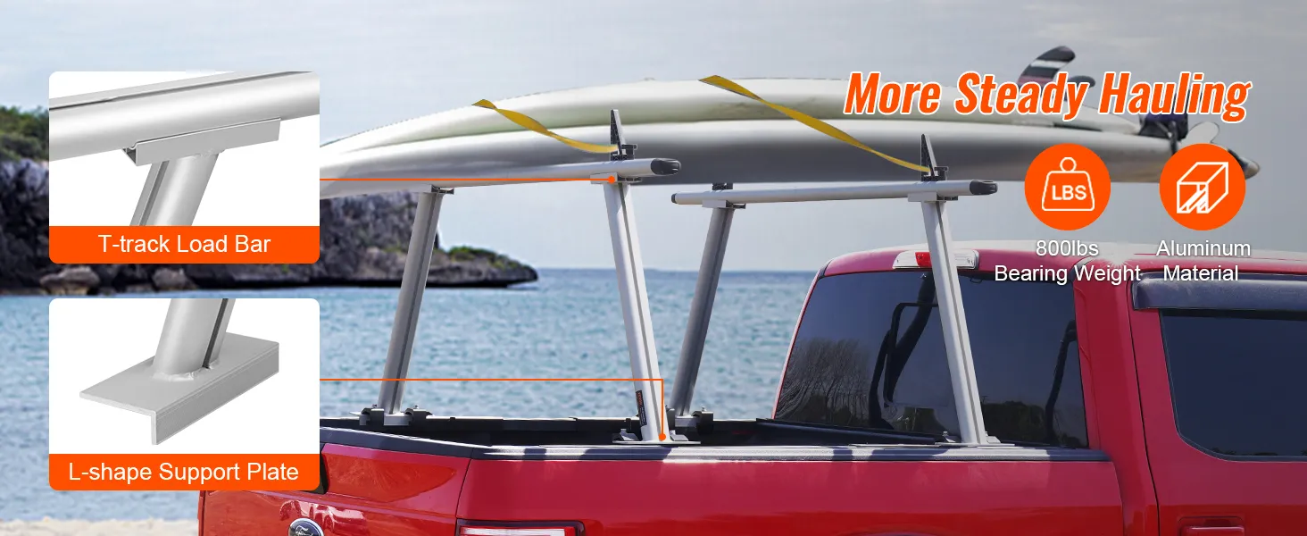 red truck with VEVOR truck rack hauling a kayak, showcasing t-track load bar and l-shape support plate.