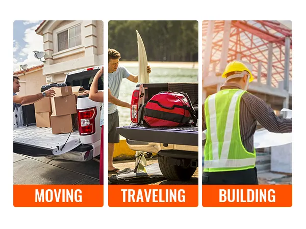 moving, traveling, and building activities demonstrate the versatile use of the VEVOR truck rack.