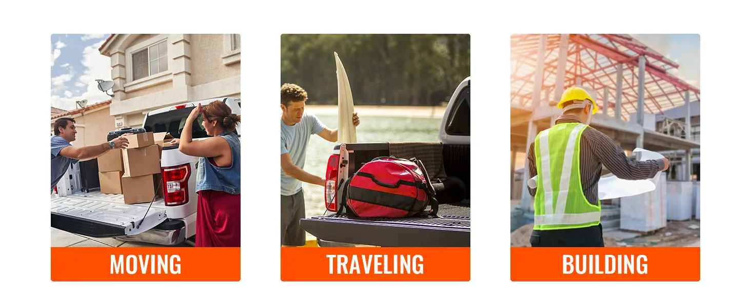 moving, traveling, and building activities demonstrate the versatile use of the VEVOR truck rack.