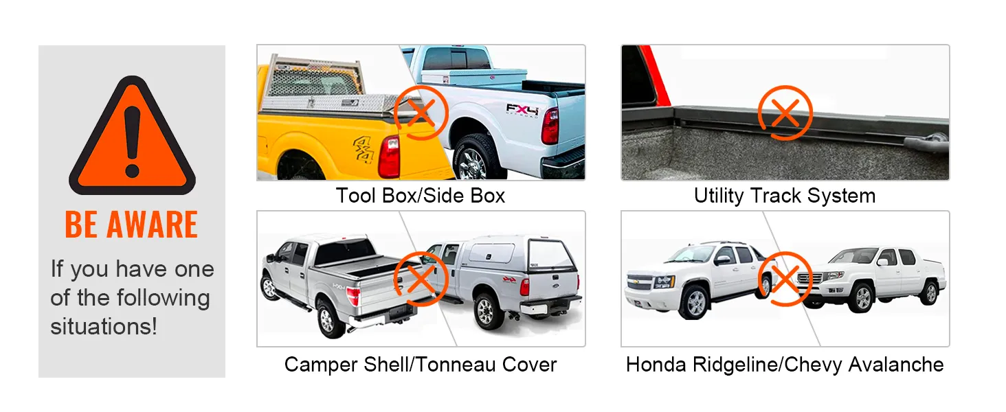 VEVOR truck rack incompatibility warning for tool box, utility track, camper shell, honda ridgeline, chevy avalanche.