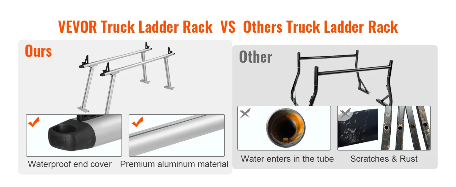 VEVOR truck rack comparison with waterproof end cover, premium aluminum vs. water entry and rust on others.