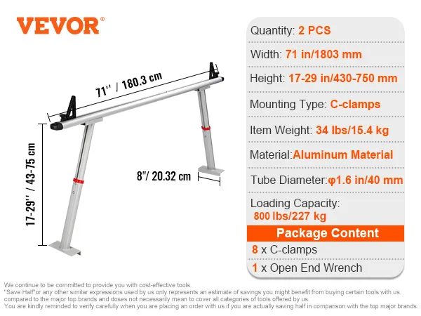 VEVOR truck rack specifications showing dimensions, aluminum material, and 500 lbs loading capacity.