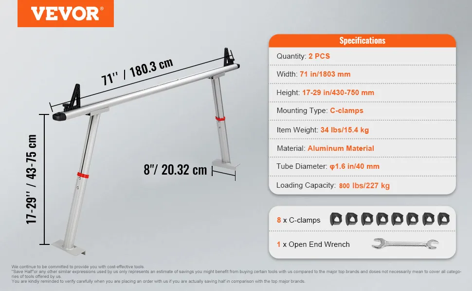 VEVOR truck rack specifications showing dimensions, aluminum material, and 500 lbs loading capacity.