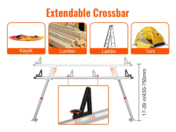 VEVOR truck rack with extendable crossbar, suitable for kayak, lumber, ladder, and tent transport.