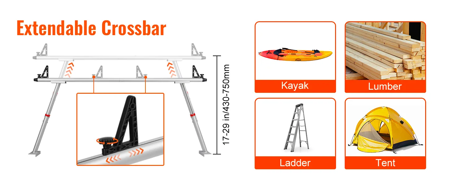 VEVOR truck rack with extendable crossbar, suitable for kayak, lumber, ladder, and tent transport.