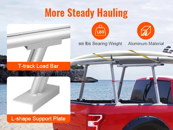 red truck with VEVOR truck rack carrying a surfboard, showcasing t-track load bar and l-shape support plate.