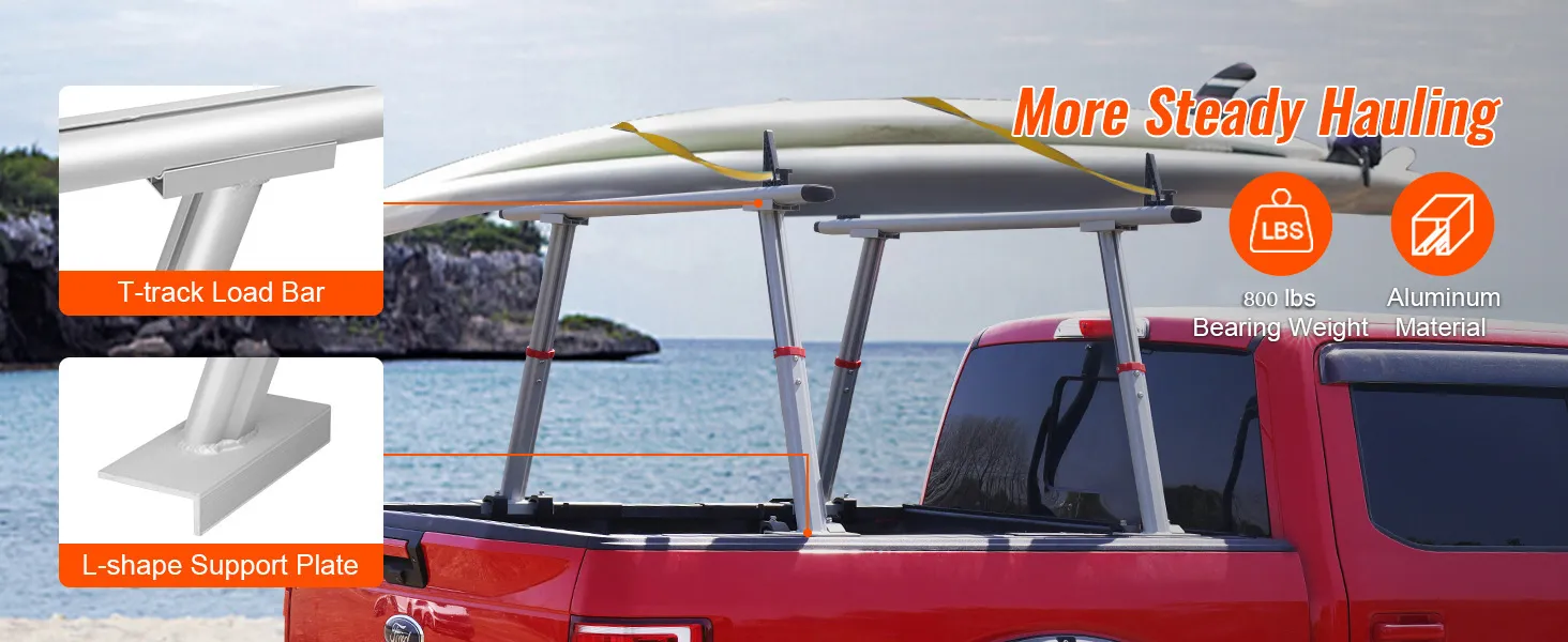 red truck with VEVOR truck rack carrying a surfboard, showcasing t-track load bar and l-shape support plate.