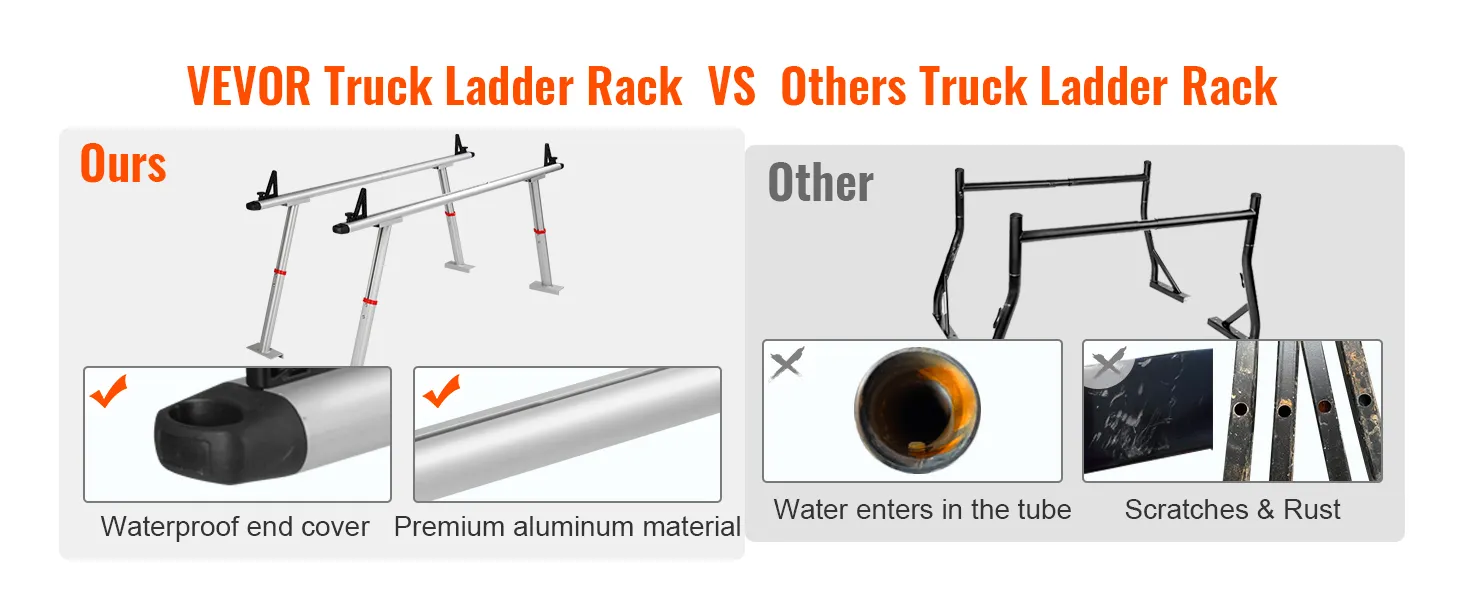 VEVOR truck rack vs others - premium aluminum, waterproof end cover vs rust, scratches, water entry.