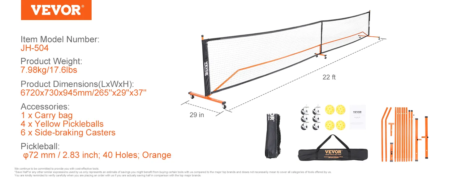 VEVOR pickleball netset met 22 ft net, draagtas, gele pickleballs en zijremmende wielen.