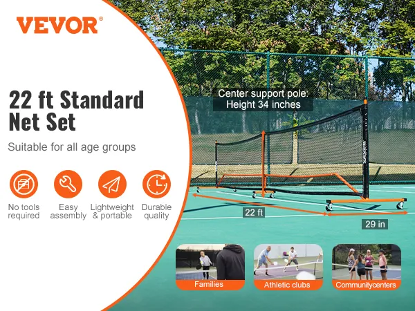 VEVOR pickleball netset: 22 ft standaardnet, eenvoudige montage, draagbaar, duurzaam, geschikt voor alle leeftijden.