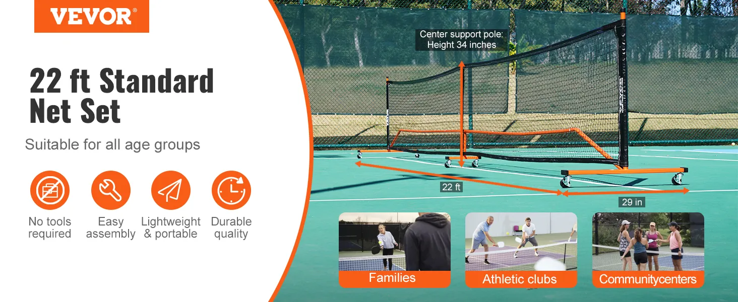 VEVOR pickleball netset: 22 ft standaardnet, eenvoudige montage, draagbaar, duurzaam, geschikt voor alle leeftijden.