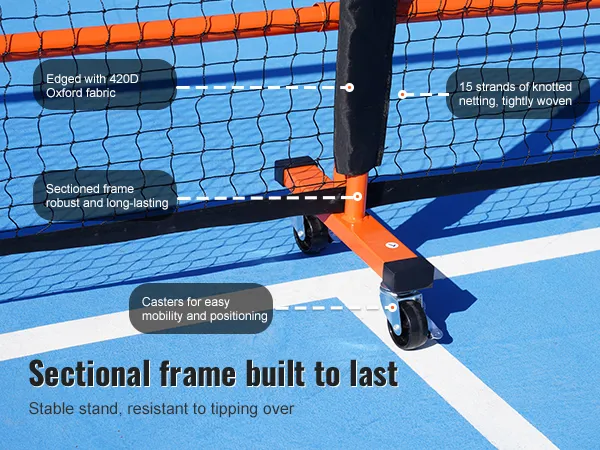 Stevig en duurzaam metalen frame van de VEVOR pickleball netset met wielen en strak geweven net.