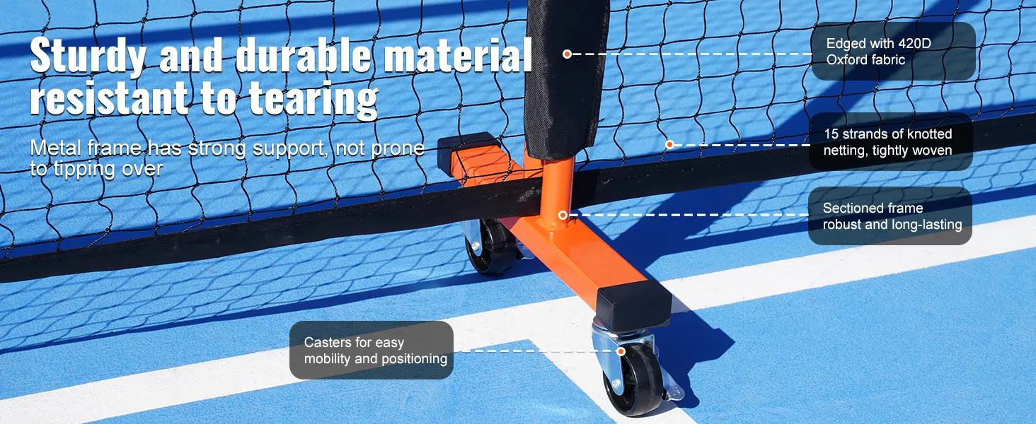 Stevig en duurzaam metalen frame van de VEVOR pickleball netset met wielen en strak geweven net.