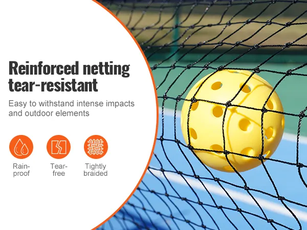 VEVOR pickleball-netset met versterkt, scheurbestendig net, gele bal en regenbestendige eigenschappen.