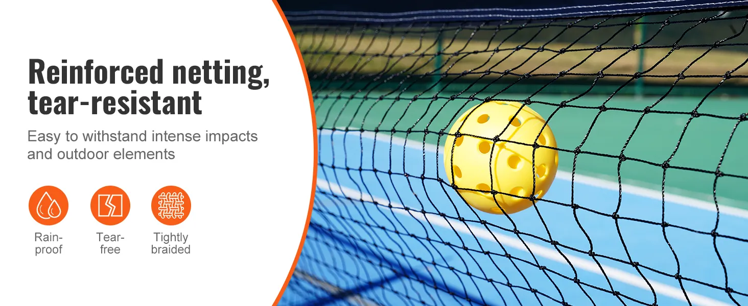 VEVOR pickleball-netset met versterkt, scheurbestendig net, gele bal en regenbestendige eigenschappen.