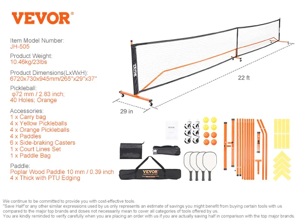 VEVOR pickleball netset inclusief net, peddels, pickleballs, draagtas en lijnen. model jh-505.