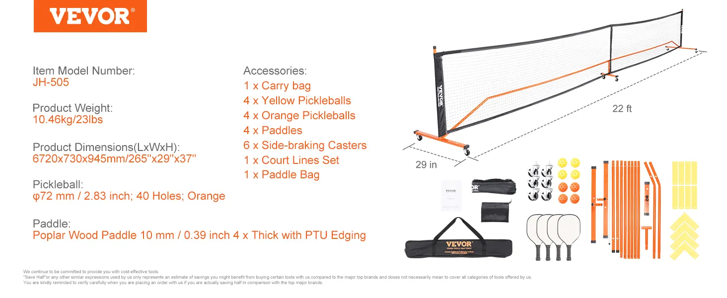 VEVOR pickleball netset inclusief net, peddels, pickleballs, draagtas en lijnen. model jh-505.