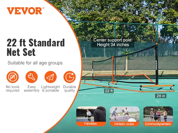 VEVOR pickleball netset: 22ft standaardnet, eenvoudige montage, lichtgewicht, geschikt voor alle leeftijden.