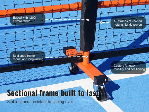 Stevige VEVOR pickleball-netset met duurzaam frame, wieltjes voor mobiliteit en afwerking van 420d Oxford-stof.