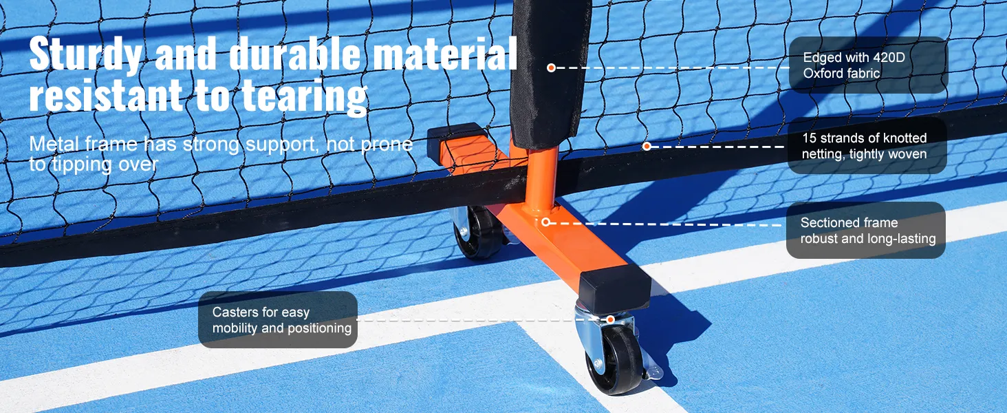 Stevige VEVOR pickleball-netset met duurzaam frame, wieltjes voor mobiliteit en afwerking van 420d Oxford-stof.