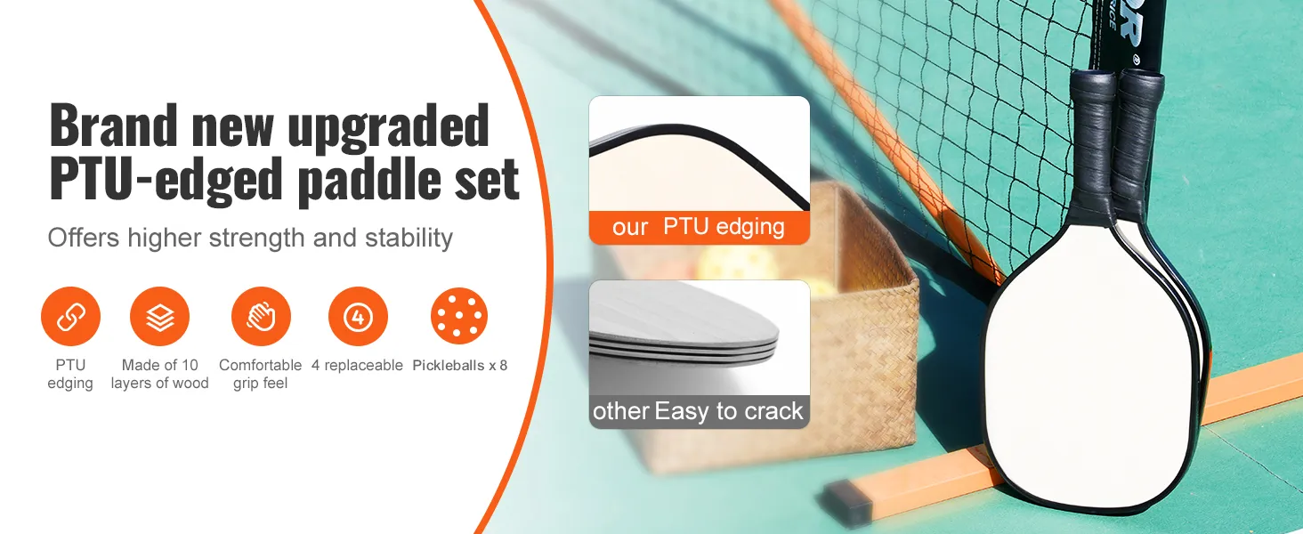 Gloednieuwe VEVOR pickleball netset met ptu-gerande peddels, 4 vervangbare handgrepen en 8 pickleballs.