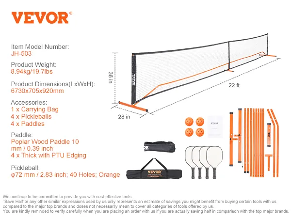 VEVOR pickleball net set includes net, four paddles, four orange balls, and carrying bag. dimensions: 22 ft x 36 in.