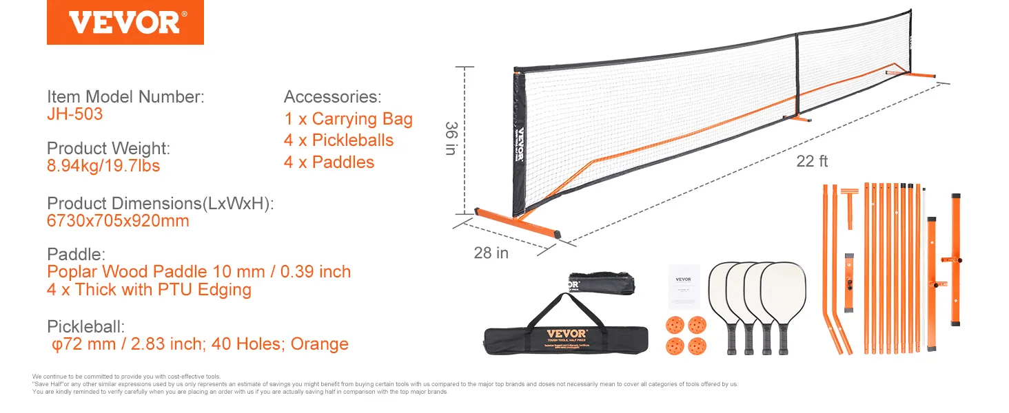 VEVOR pickleball net set includes net, four paddles, four orange balls, and carrying bag. dimensions: 22 ft x 36 in.