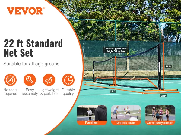 VEVOR pickleball net set - 22 ft durable, portable, easy assembly net, suitable for families and clubs.
