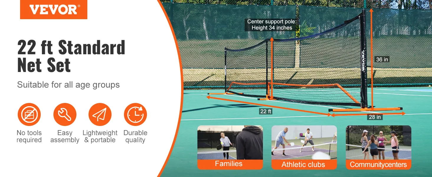 VEVOR pickleball net set - 22 ft durable, portable, easy assembly net, suitable for families and clubs.