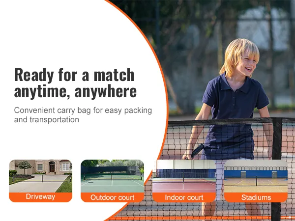 two people playing pickleball; text promotes VEVOR pickleball net set for driveways, outdoor and indoor courts, and stadiums.