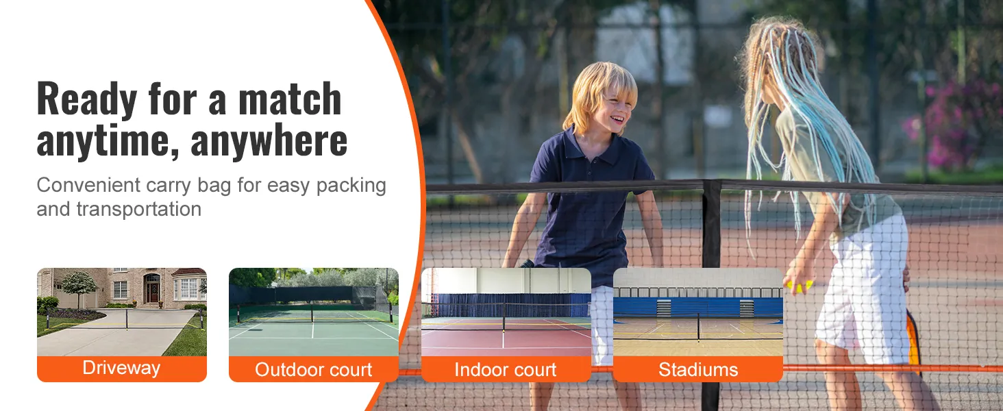 two people playing pickleball; text promotes VEVOR pickleball net set for driveways, outdoor and indoor courts, and stadiums.