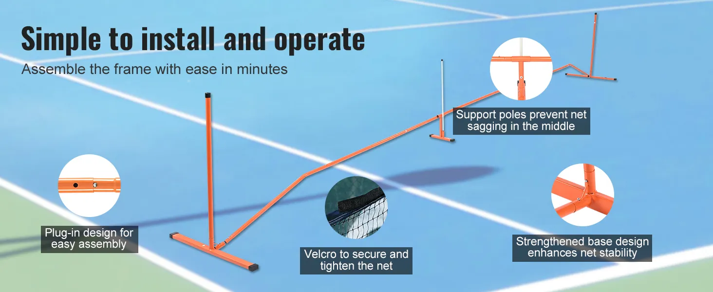 VEVOR pickleball net set on a blue court with easy assembly, support poles, velcro tightening, and stable base.