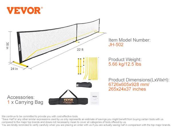 VEVOR pickleball net, 22 ft wide, 36 in high, with carrying bag, model jh-502, weight 12.5 lbs.