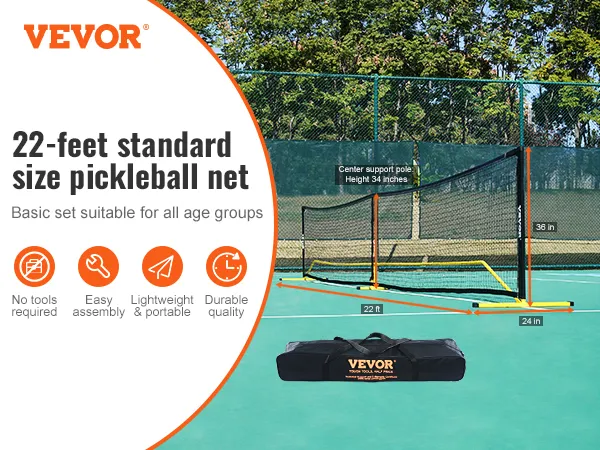 VEVOR pickleball net: 22 feet, easy assembly, lightweight, durable, suitable for all ages, no tools needed.