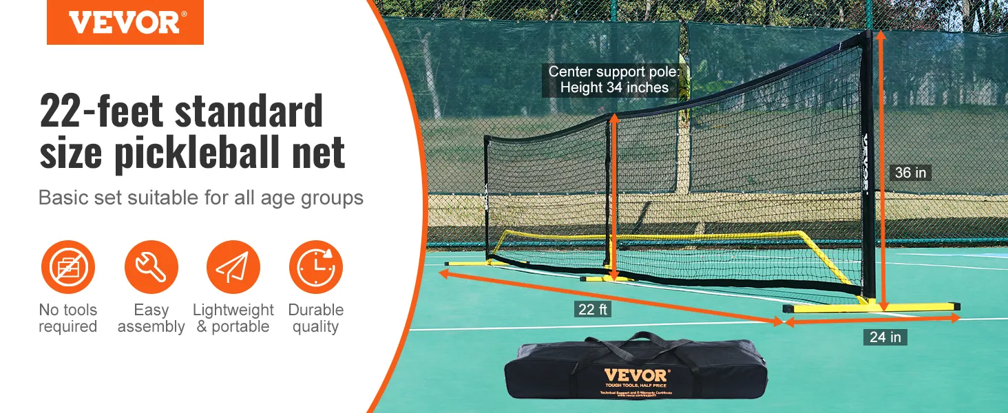 VEVOR pickleball net: 22 feet, easy assembly, lightweight, durable, suitable for all ages, no tools needed.