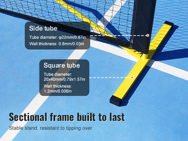 VEVOR pickleball net with sectional frame, stable stand, yellow base, and detailed tube specifications.
