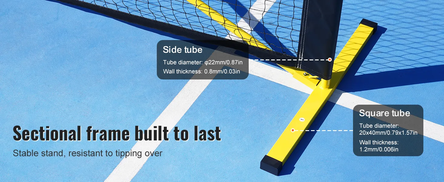 VEVOR pickleball net with sectional frame, stable stand, yellow base, and detailed tube specifications.