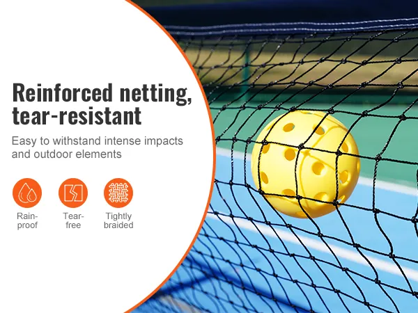 VEVOR pickleball net with reinforced, tear-resistant netting, yellow ball, and blue court background.