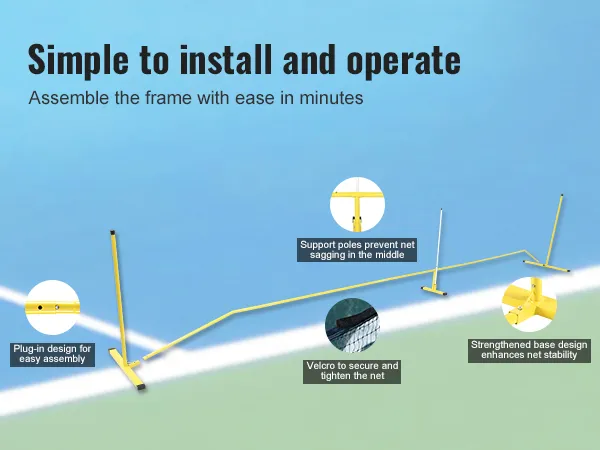 VEVOR pickleball net assembly on a blue court with plug-in design, support poles, and strengthened base.