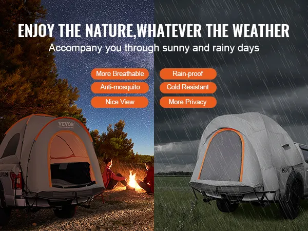 VEVOR truck bed tent in sunny and rainy weather with icons highlighting features like rain-proof and more privacy.
