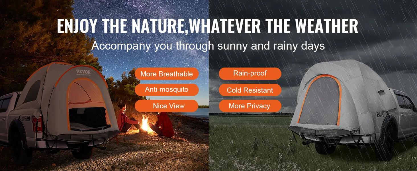 VEVOR truck bed tent in sunny and rainy weather with icons highlighting features like rain-proof and more privacy.