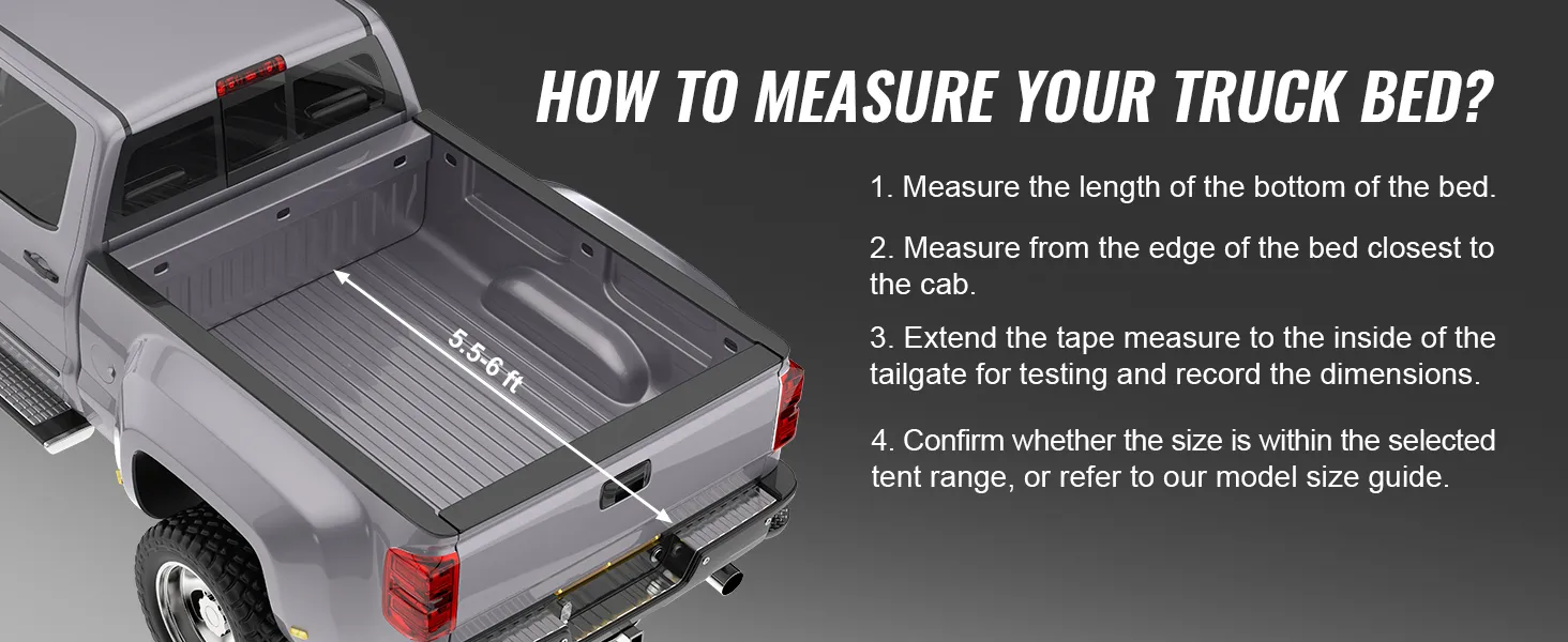 how to measure your truck bed instructions paired with a truck bed highlighted for 5.5-6 ft measurement for VEVOR truck bed tent.